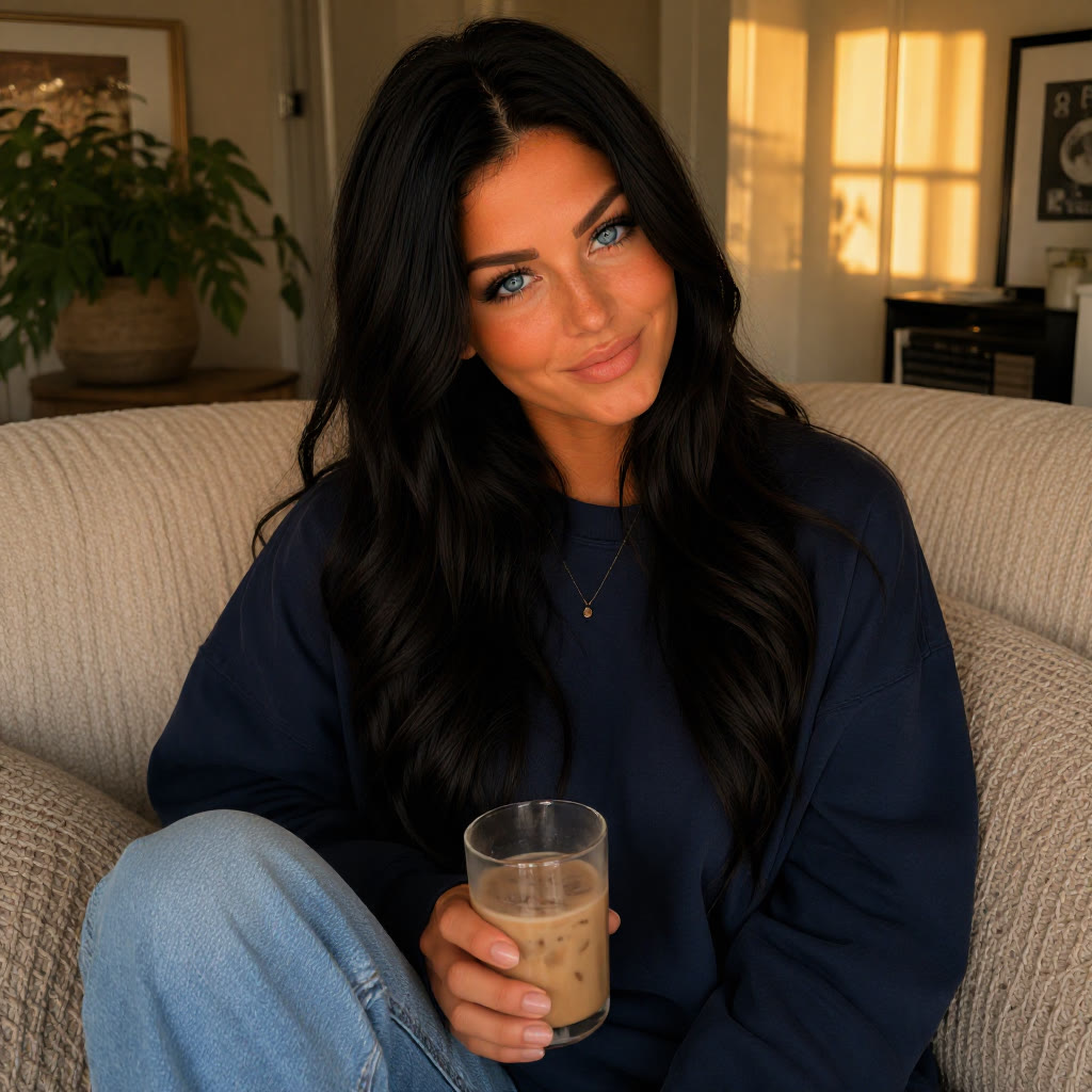 Tillie on a cozy couch in an oversized navy sweatshirt holding an iced coffee, warm light and plants